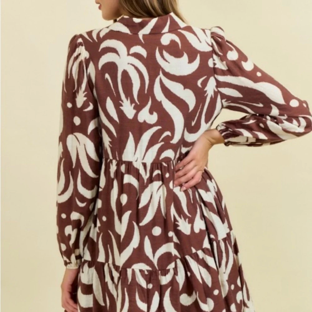 Doe and Rae Chocolate Leaf Printed Poplin Half Button Down Mini Dress - Picture 4 of 5